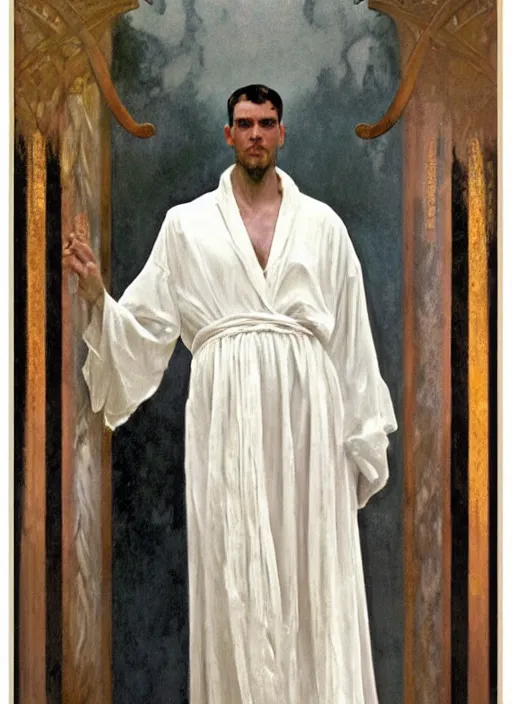 Prompt: an oil painting of a tall person in flowing white robes standing in a hazy, gloomy, dark room, art nouveau in the style of john singer sargent, greg rutkowski, maxfield parrish and alphonse mucha