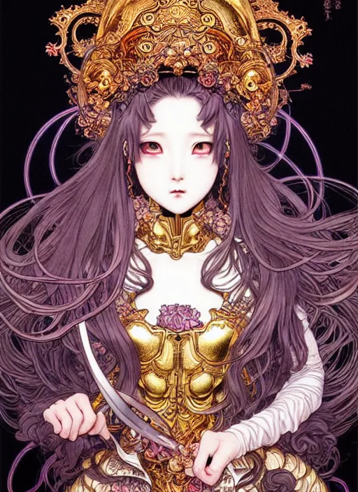 Image similar to yuchenghong highly detailed terada katsuya ayami kojima atrstation manga poster of princess mechine, rainbow gradient reflection, cute face by artgerm, art nouveau, long hair, armor, dress, laces, ruffles, 8 k, maximalist, golden ratio, alphonse mucha