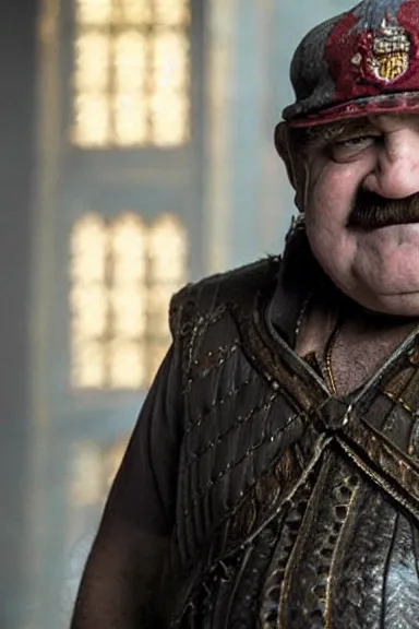 Image similar to very very intricate photorealistic photo of wario wearing his hat in an episode of game of thrones, photo is in focus with detailed atmospheric lighting, award - winning details