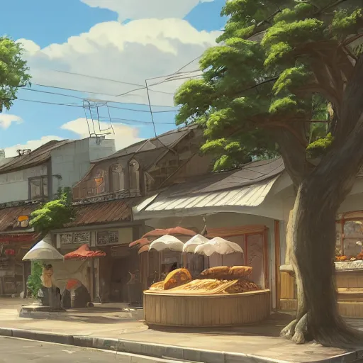 Image similar to concept art painting of a bakery with european and japanese architecture, in a village surrounded by trees, realistic, detailed, cel shaded, in the style of makoto shinkai and greg rutkowski and james gurney