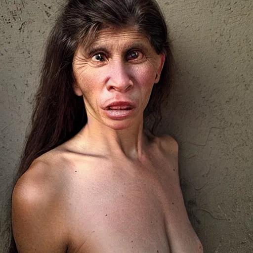 Prompt: “very primitive Neanderthal woman posing as a model”