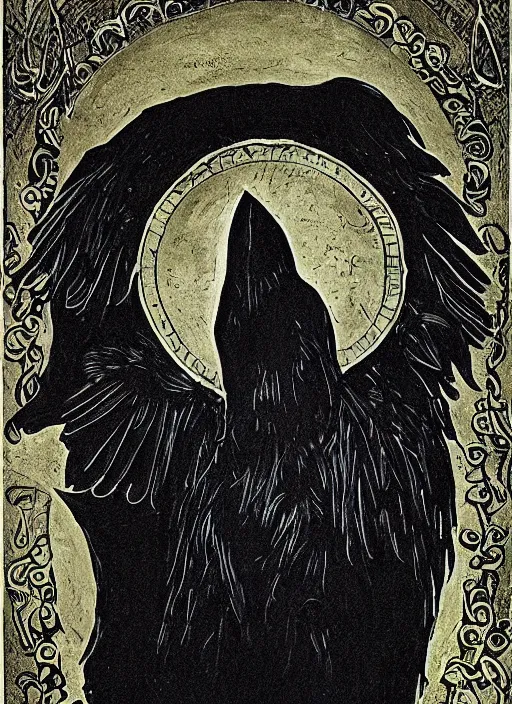 Image similar to portrait centered on a raven in a vantablack cloak and holding a symbolic weapon. art in the style of symbolism art style. portrait hung up in a windows 9 8 castle. r / oldschoolfantasy