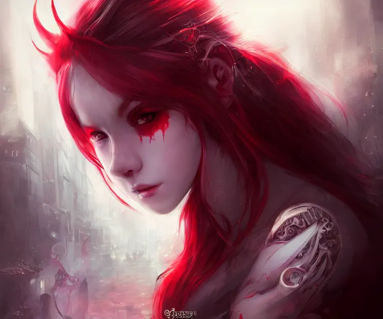 Prompt: cute friendly demon with crimson skin in tokyo by charlie bowater and titian and artgerm, intricate, face, symmetrical eyes, japanese akihabara street cityscape, elegant, beautiful, highly detailed, dramatic lighting, sharp focus, trending on artstation, artstationhd, artstationhq, unreal engine, 4 k, 8 k