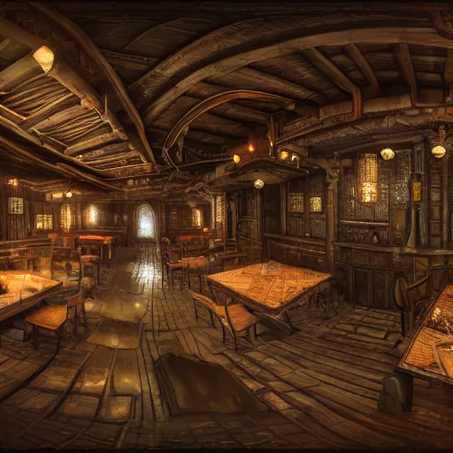 Prompt: Realistic Interior Concept design of very very very highly detailed Tavern in Mixed style of Medieval and in style of Cyberpunk, Many details by Hiromasa Ogura. More cyberpunk a lot less Medieval. Panorama 360 degrees Rendered in unreal engine 5, artstationHD, 4k, 8k, 3d render, 3d Houdini, cinema 4d, octane RTX volumetric natural light
