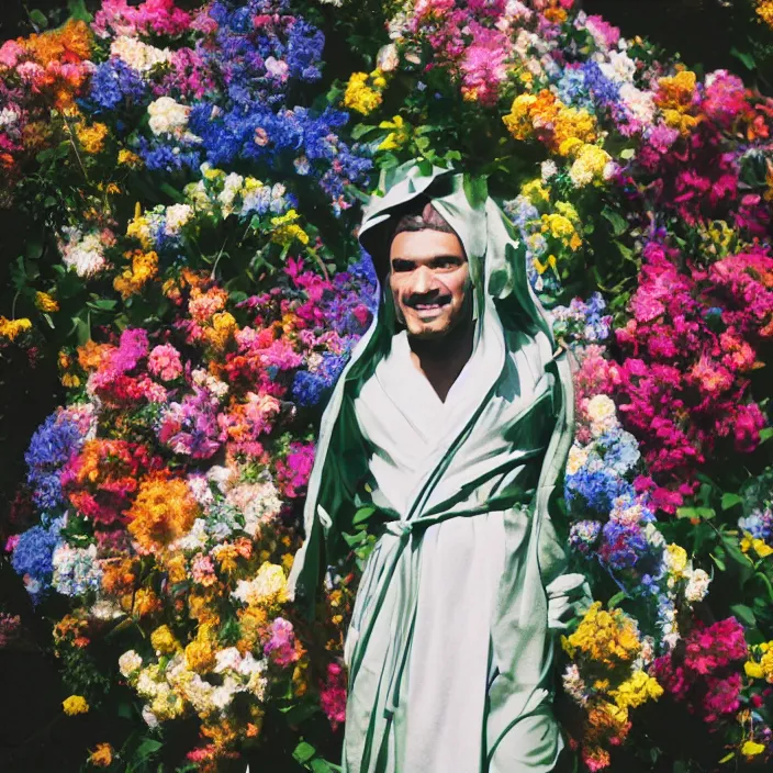 Prompt: an alien wearing a robe made of flowers, by Omar Z. Robles, CANON Eos C300, ƒ1.8, 35mm, 8K, medium-format print