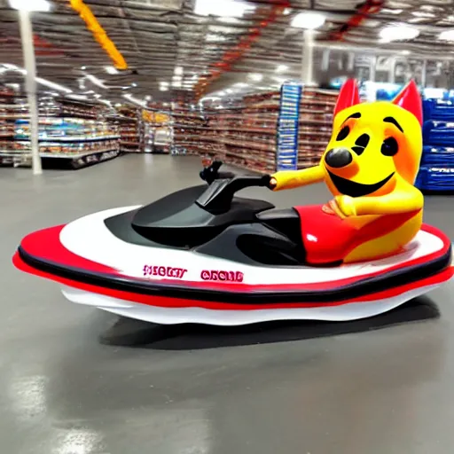 Prompt: hotdog mascot driving a jetski in Costco