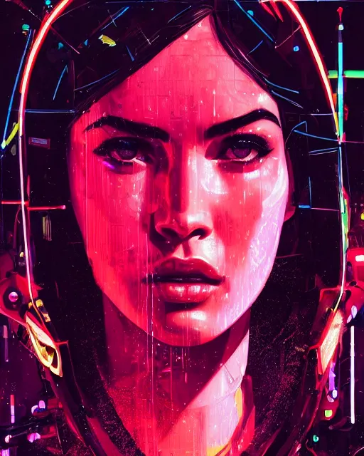 Image similar to detailed megan fox portrait neon operator girl, cyberpunk futuristic neon, reflective puffy coat, decorated with traditional japanese ornaments by ismail inceoglu dragan bibin hans thoma greg rutkowski alexandros pyromallis nekro rene maritte illustrated, perfect face, fine details, realistic shaded, fine - face, pretty face