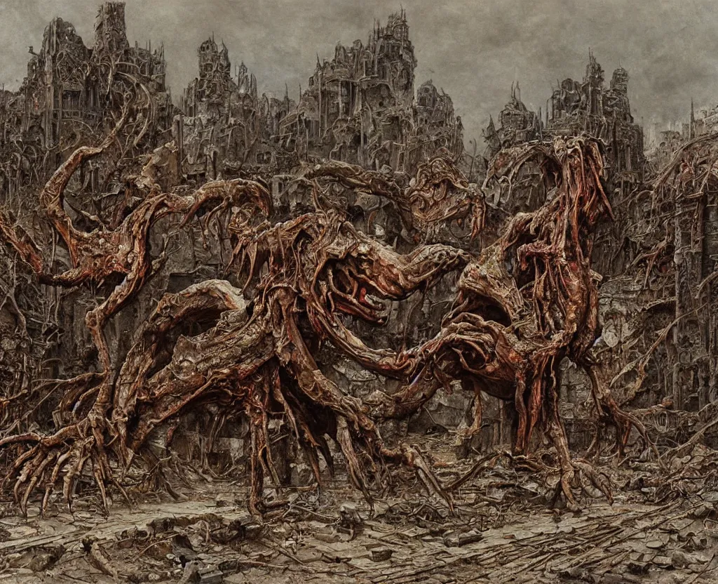 Image similar to Giant Culicidae monster flying in the road of the ruined city. Drops of blood and meat with veins on the road. Ruins. Dark colors, high detail, hyperrealism, horror art, 8k, concept art, intricate details, octane render. Zdzisław Beksiński painting, art by Hans Rudolf Giger, masterpiece