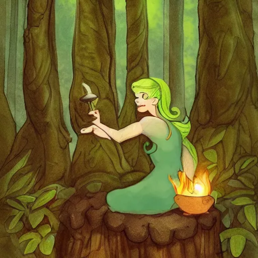 Image similar to a green genie ready to grant wishes deep in the forest, fantasy illustration