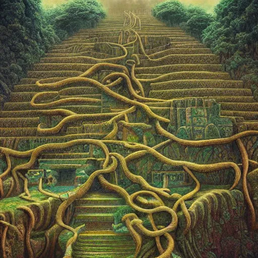 Image similar to intricate stunning highly detailed illustration of the inca lost city of gold, 🌱, by agostino arrivabene and vladimir kush, blood rivers running through stairs, surreal, digital painting, ultra realistic, dramatic lighting, twisted vines, lush plants, gold, inca, pristine water, artstation