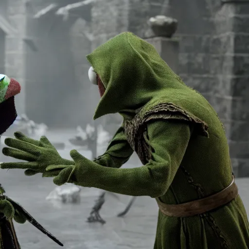 Prompt: first shot of kermit the frog fighting the night king in game of thrones, ( eos 5 ds r, iso 1 0 0, f / 8, 1 / 1 2 5, 8 4 mm, postprocessed, crisp face, facial features )