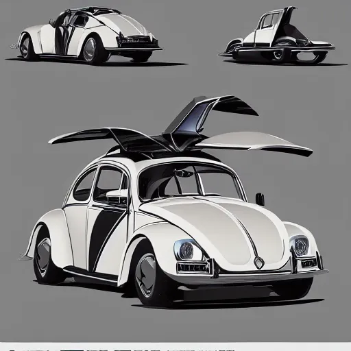 Image similar to What if Syd Mead designed a Volkswagen Beetle, gullwing side doors, future city background, concept art, trending on artstation
