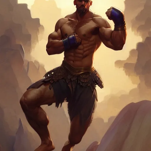 Image similar to male fighter, muscular upper body, D&D, fantasy, intricate, elegant, highly detailed, digital painting, artstation, concept art, smooth, sharp focus, illustration, art by artgerm and greg rutkowski and alphonse mucha