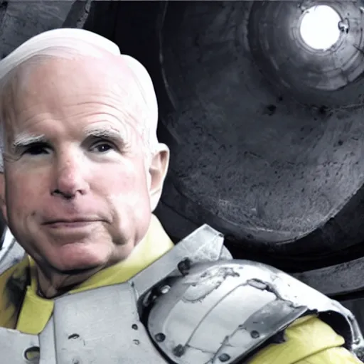 Image similar to cinematic shot of john mccain wearing futuristic armor in a sewer, very detailed, very intricate,