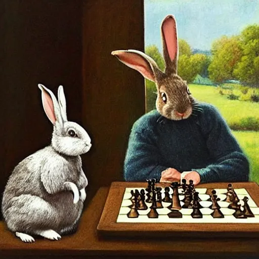 Prompt: rabbits drinking tea and playing chess. Painting of rabbits in sweaters by James Gurney (charming illustration of two cute rabbit gentlemen).