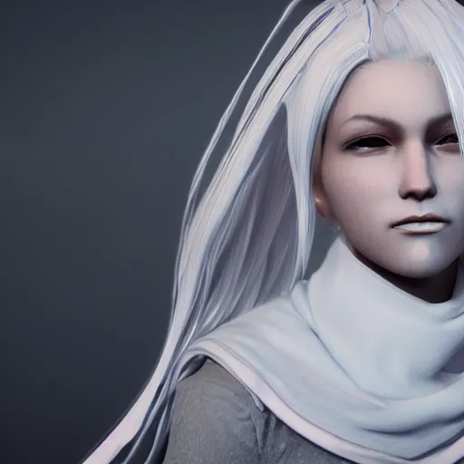 Prompt: a woman with white hair and a scarf around her neck, an ambient occlusion render by chen jiru, cgsociety, net art, anime aesthetic, daz 3 d, behance hd