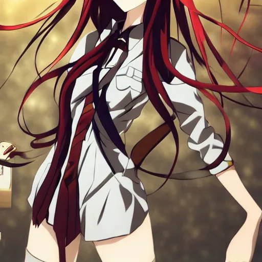 Prompt: Anime key visual of Kurisu from Steins;Gate, abstract clockwork background ,official media