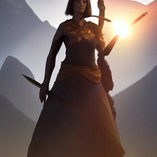 Prompt: a woman with a sword standing in front of a mountain, a character portrait by René Auberjonois, trending on cgsociety, photorealism, reimagined by industrial light and magic, #vfxfriday, anamorphic lens flare