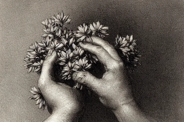 Image similar to close-up flower in hands, soft light, Gustave Dore lithography