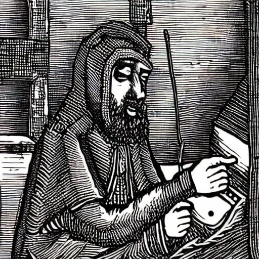 Prompt: peasant speaks on iphone. medieval engraving style