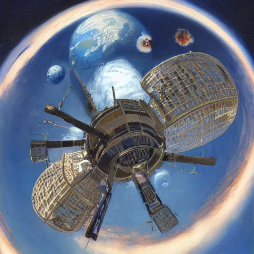 Image similar to a highly detailed beautiful portrait of circular space station with elevator connected to earth, by gregory manchess, james gurney, james jean