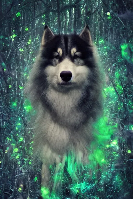 Prompt: flowery long haired alaskan malamute in a bioluminescent forest by malgorzata kmiec and alberto seveso, beautiful, ethereal