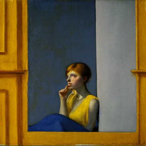 Image similar to close up of a girl in a blue and gold haunted liminal abandoned room, film still by edward hopper, by Pontormo, by klimt, art noveau, highly detailed, strong lights, liminal, eerie, Bright pastel colors