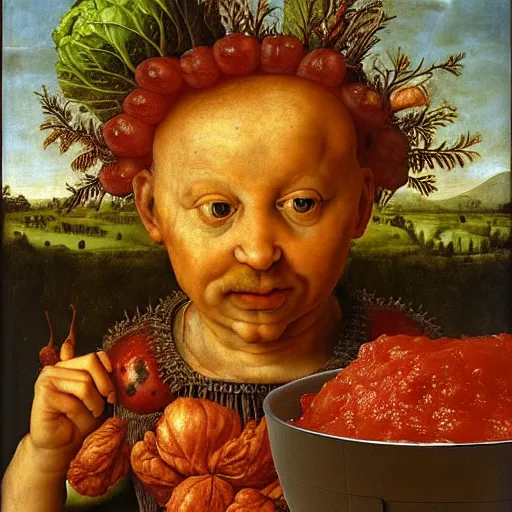 Image similar to a boy sitting in a tub full of tomato sauce, a lot of cabbage, by giuseppe arcimboldo and ambrosius benson, renaissance, portrait, fruit, intricate and intense oil paint, realistic