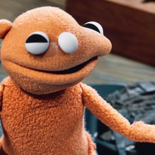 Image similar to muppet looking at a pile of human internal organs