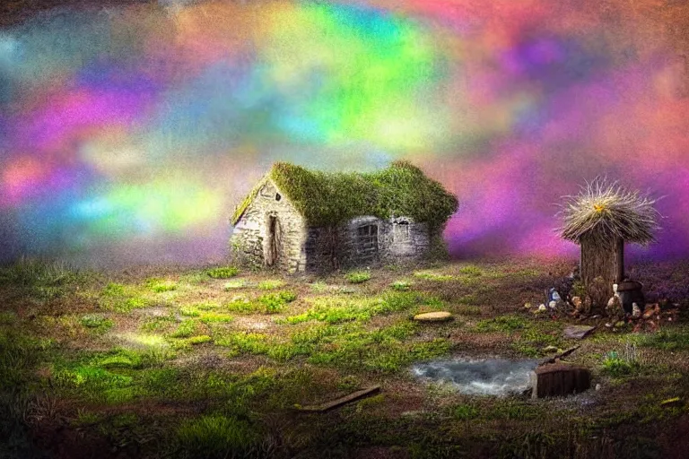 Prompt: nocturnal landscape view of an iridescent cloud coming out from a water well near an old wood cottage in a desolate wasteland full of strange vegetation. detailed, soft light, sharp focus, intricate, trending artstayion, digital art