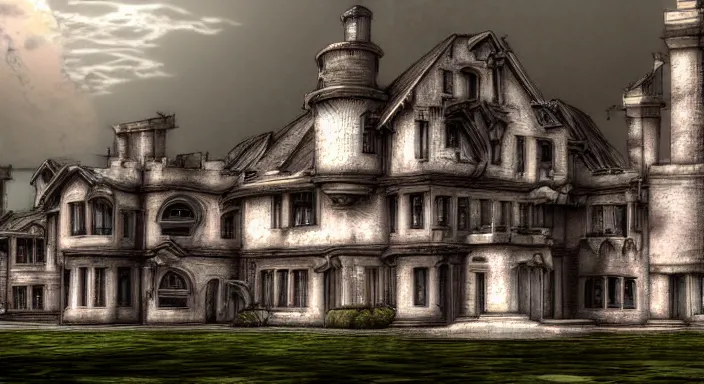 Image similar to final fantasy 7 pre-rendered background, creepy vampire mansion