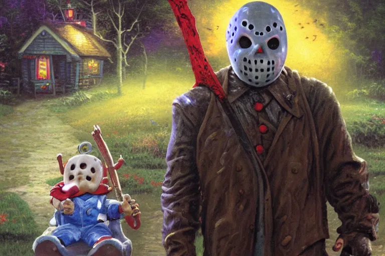 Prompt: thomas kinkade painting of jason voorhees at chuck e cheese