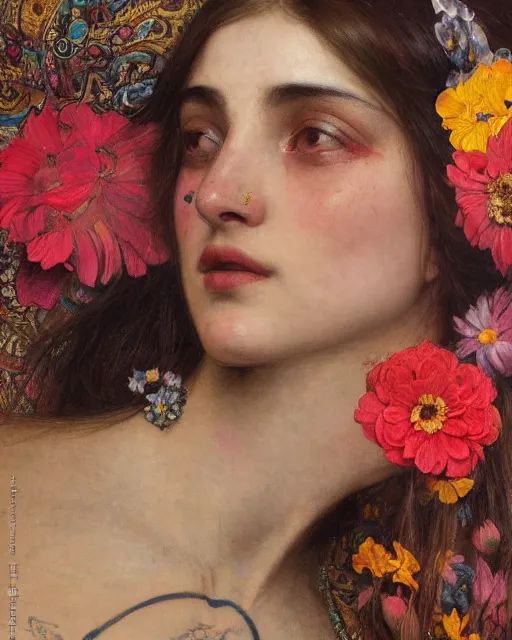 Image similar to close up of a beautiful girl with colourful tattoos surrounded by colourful flowers orientalist intricate portrait by john william waterhouse and edwin longsden long and theodore ralli and nasreddine dinet, oil on canvas. cinematic, hyper realism, dramatic lighting, high detail 8 k