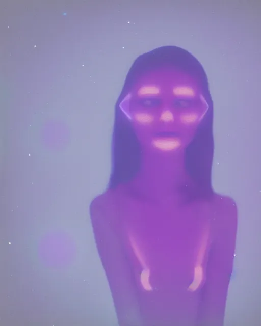 Image similar to featureless serene robotic woman's face, violet and yellow and green lighting, polaroid photo, 1 9 8 0 s cgi, atmospheric, whimsical and psychedelic, grainy, expired film, super glitched, corrupted file, ghostly, bioluminescent glow, sci - fi