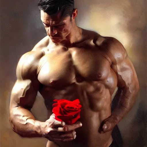 Prompt: A muscular male holding a rose, oil on canvas by Frank Frazetta, digital art, Mandy Jurgens, WLOP, CGSociety