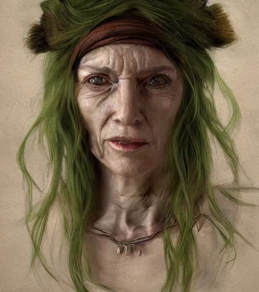 Prompt: portrait of a hag, ugly woman, rough features, warts, long hook nose, muscular, half body, cloth, green hair, d & d, fantasy, intricate, highly detailed, digital painting, artstation, concept art, smooth, sharp focus, illustration, art by artgerm and greg rutkowski and alphonse mucha