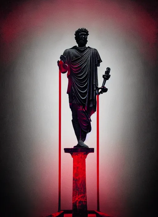 Image similar to dark design poster showing a statue of marcus aurelius, black background with very subtle red and purple design elements, powerful, nekro, vito acconci, thin straight lines, dark, glitch art, neo vaporwave, gritty, layout frame, square, trending on artstation