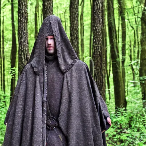 Image similar to medieval cloak wearing lizard human, photograph captured in the woods