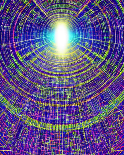 Prompt: shining beacon of light, technological singularity, supercomputer, by mitchell stuart, experimental, utopia, portals, rays of light, highly detailed, masterpiece, award winning