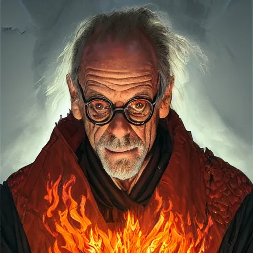 Image similar to Christopher Lloyd as Satan, burning and falling from the sky, full_body!!, dungeons and dragons portrait, highly_detailed!!, digital painting, artstation, concept art, sharp focus, illustration, art by artgerm and greg rutkowski and alphonse mucha