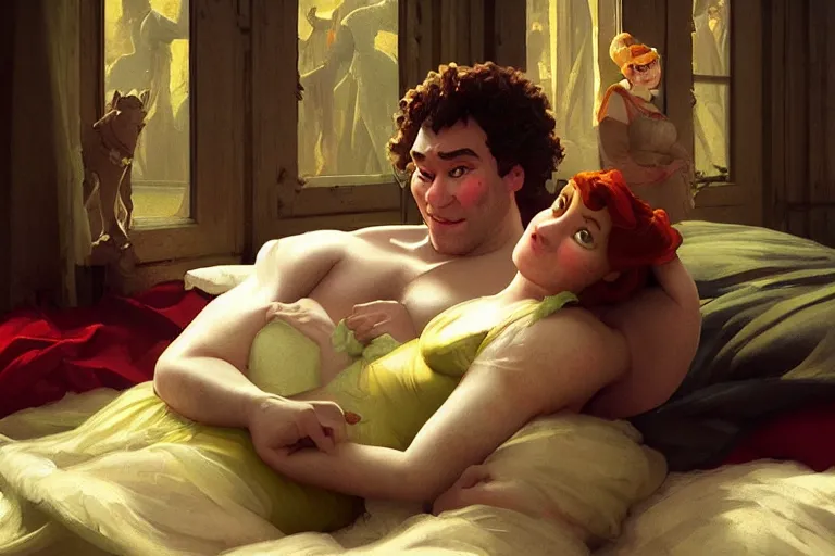 Image similar to russian poet alexander pushkin and shrek together in bed, portrait, highly detailed, digital painting, artstation, concept art, smooth, sharp focus, illustration, cinematic lighting, art by artgerm and greg rutkowski and alphonse mucha