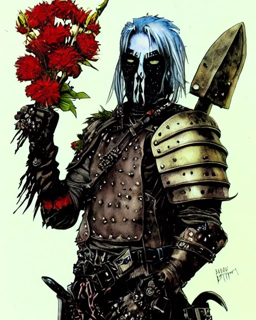 Image similar to portrait of a skinny punk goth wilford brimley wearing armor by simon bisley, john blance, frank frazetta, fantasy, thief warrior, colorful flowers floral