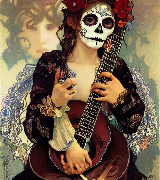 Prompt: realistic detailed painting of a cute Día de los Muertos girl playing guitar by Alphonse Mucha Ayami Kojima Amano Charlie Bowater, masterpiece
