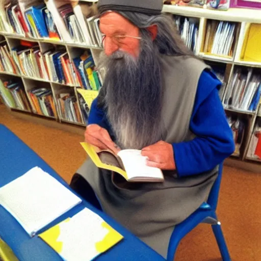 Image similar to gandalf reading books at kindergarden