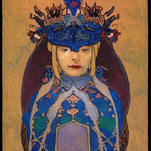 Prompt: the lantern crown, by Annie Swynnerton and Nicholas Roerich and (Edmund Dulac), embroidered brocade, tattoos, elaborate costume, geometric ornament, symbolist, rich colors, dramatic lighting, smooth, sharp focus, extremely detailed
