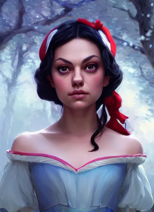 Image similar to beautiful happy mila kunis as snow white princess disney, character art, art by artgerm lau and wlop and and ilya kuvshinov and john singer sargent, hyperdetailed, 8 k realistic, symmetrical, frostbite 3 engine, cryengine, dof, trending on artstation, digital art