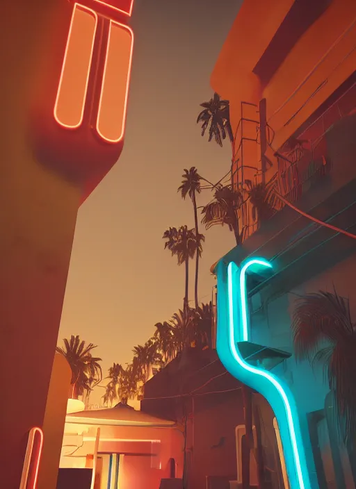 Image similar to night time neon, Art Deco, in SANTORINI island, palm trees, crystal clear neon water, starry night, Trending artstation, octane render, cgsociety, surrealist, cinematic, shadow of the tomb rider