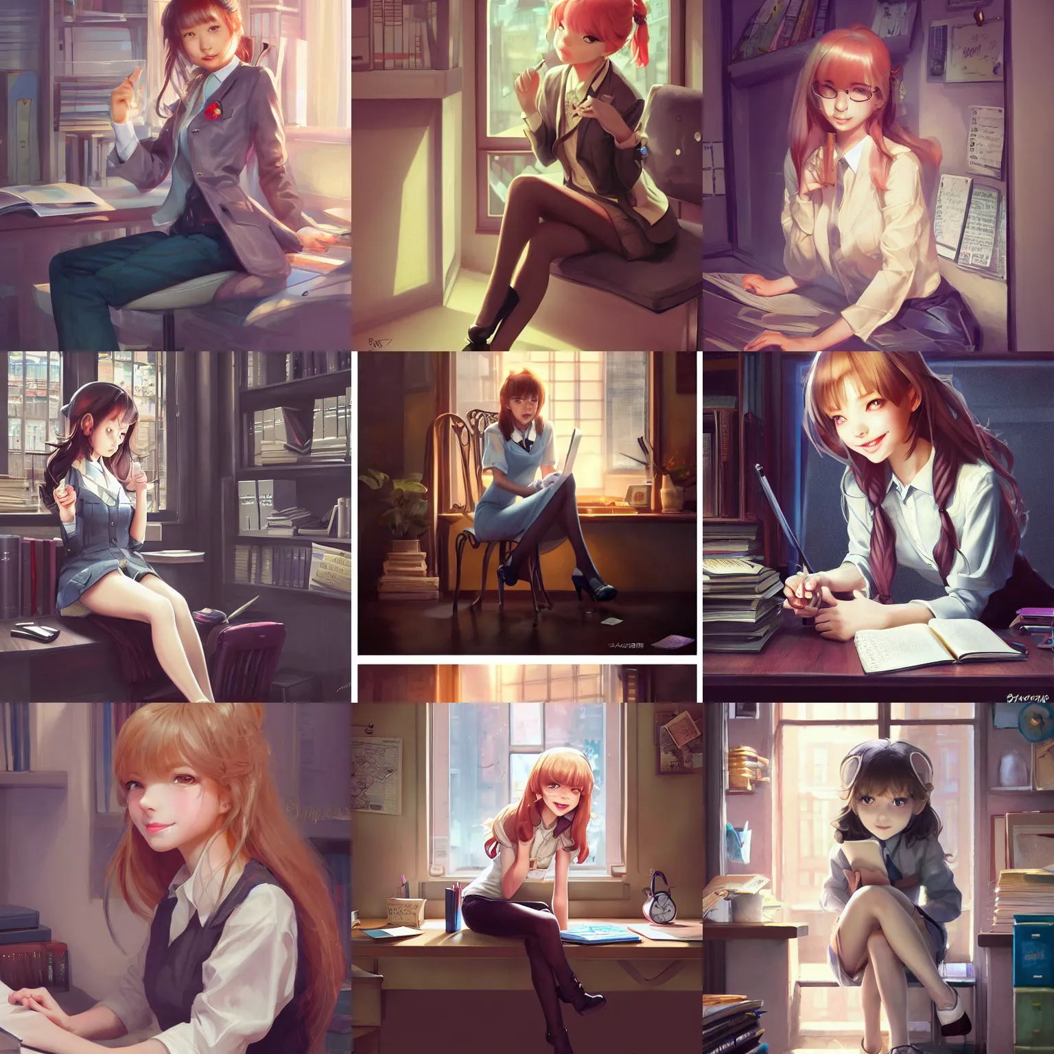 Prompt: a beautiful detective girl sitting in her office | | cute - fine - subtle smile, face, pretty face, fine details by stanley artgerm lau, wlop, rossdraws, james jean, andrei riabovitchev, marc simonetti, and sakimichan, trending on artstation