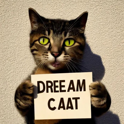 Prompt: realistic high quality photo of a cute cat holding a sign with text that reads : dream caat, cats