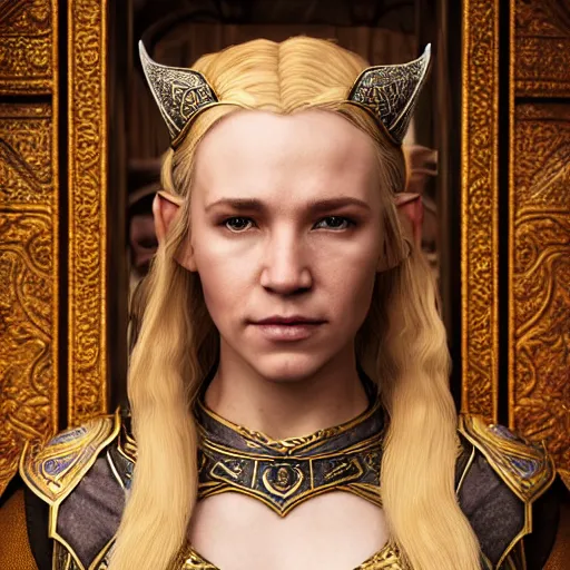 Image similar to the elder scrolls vi, charismatic regal blonde high elf female jarl, portrait, throne room, atmospheric lighting, painted, intricate, volumetric lighting, beautiful, daytime, sunny weather, slight overcast, sharp focus, deep colours, ultra detailed, by leesha hannigan, ross tran, thierry doizon, kai carpenter, ignacio fernandez rios